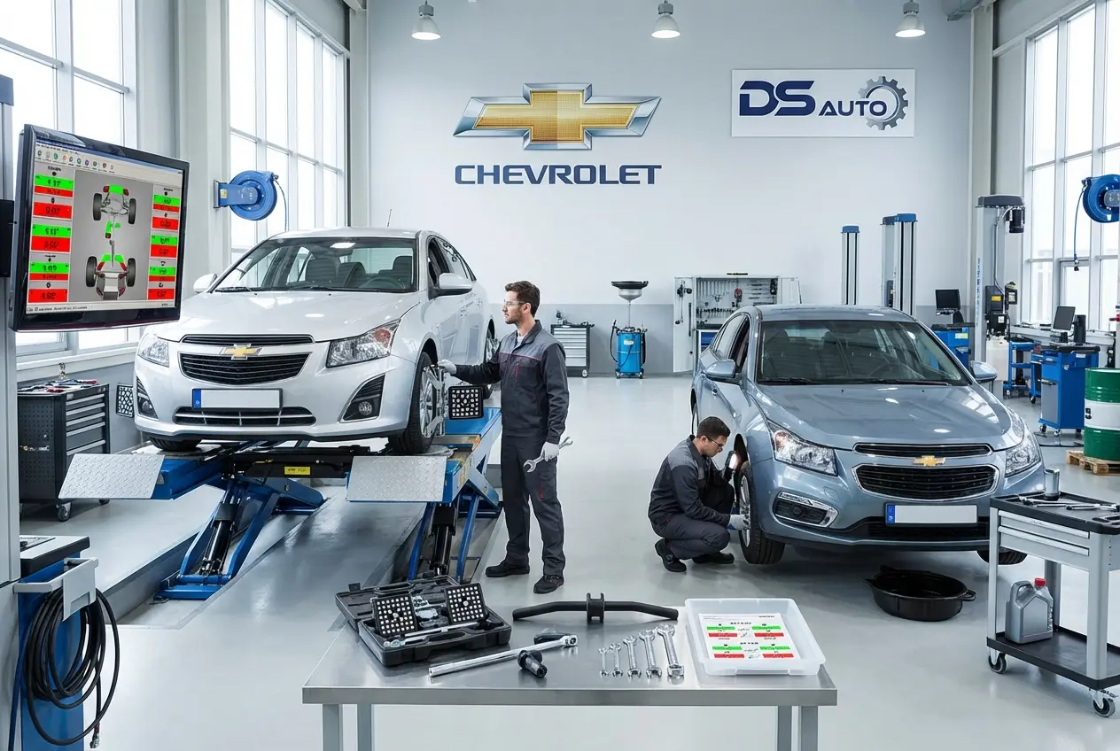 Процесс регулировки развал-схождения колес автомобиля Chevrolet в автосервисе DS Auto в Жуковском
